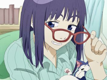 Rule 34 | 1girl, bedroom, bookshelf, cat, flcl, glasses, highres, long hair, ninamori eri, pink punk ponk, purple eyes, purple hair, removing eyewear, shirt, smile