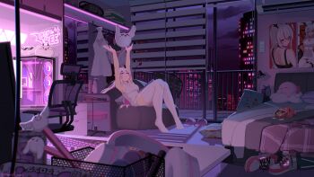 absurdres armpits bare_shoulders bed breasts chair cleavage_cutout clothing_cutout commentary english_commentary grey_hair head_wings headphones heart_cutout heyimbee_(vtuber) highres indie_virtual_youtuber indoors large_breasts long_hair multicolored_hair open_mouth peesh_san perspective pink_hair pointy_ears purple_eyes shoes sideboob sitting skindentation sleeveless sleeveless_sweater sneakers solo streaked_hair sweater tail thighhighs virtual_youtuber white_thighhighs window wings zettai_ryouiki