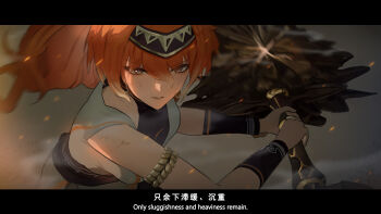 1girl aged_down armlet augusta_(wuthering_waves) black_border black_hairband border bracelet brown_eyes chinese_commentary chinese_text commentary dirty dirty_face dust_cloud embers english_text fighting_stance gold_armlet hair_between_eyes hairband headband highres holding holding_sword holding_weapon huge_weapon jewelry letterboxed looking_at_viewer orange_hair shirt simplified_chinese_text sleeveless sleeveless_shirt solo surui sword weapon white_shirt wuthering_waves
