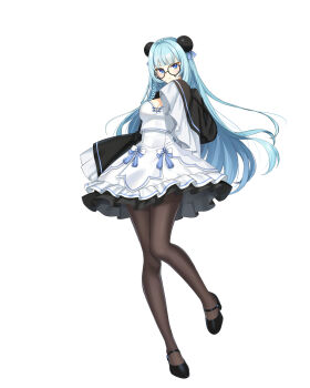 1girl :< absurdres black-framed_eyewear black_pantyhose black_shoes black_shrug blue_bow blue_eyes bow braid breasts bun_cover cleavage closed_mouth closers collared_shrug crop_top double_bun full_body glasses hair_bow hair_bun hand_up high-waist_skirt high_heels highres large_breasts layered_skirt leg_up long_hair looking_at_viewer mandarin_collar mary_janes miniskirt official_art pantyhose round_eyewear shirt shoes shrug_(clothing) side_braid skirt skirt_bow sleeves_past_fingers sleeves_past_wrists solo standing standing_on_one_leg tachi-e teardrop-framed_glasses v-shaped_eyebrows violet_(closers) white_background white_shirt wide_sleeves