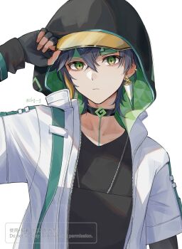 Rule 34 | 1boy, alternate costume, arm up, black choker, black gloves, black hair, black hood, black hoodie, blonde streaks, body markings, choker, commentary request, crossed bangs, diamond-shaped pupils, diamond (shape), earrings, fingerless gloves, frown, genshin impact, gloves, green eyes, green headband, hair between eyes, hand on headwear, hat, headband, highres, hood, hood up, hoodie, jacket, jewelry, kinich (genshin impact), kinich (parallels meet) (genshin impact), long sleeves, looking at viewer, multicolored eyes, multicolored hair, short hair, simple background, single earring, skg g, solo, spiked ear piercing, streaked hair, symbol-shaped pupils, twitter username, two-tone eyes, upper body, white background, white jacket, yellow eyes, yellow hat