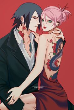 Rule 34 | 1boy, 1girl, alternate costume, alternate hairstyle, artist name, back, back tattoo, backless dress, backless outfit, black eyes, black hair, black jacket, black pants, blazer, chest tattoo, commentary, couple, cowboy shot, dress, ear piercing, earrings, english commentary, eyelashes, flower tattoo, folded hair, green eyes, hair between eyes, hair bun, hair ornament, hair over one eye, hair stick, hand on another's neck, hand on another's shoulder, hand on another's thigh, haruno sakura, hetero, highres, husband and wife, jacket, jewelry, looking at viewer, multiple rings, nail polish, naruto (series), neck tattoo, ornate ring, pants, parted lips, partially unbuttoned, piercing, profile, red background, red dress, red lips, red nails, ring, shirt, simple background, single hair bun, sleeveless, sleeveless dress, snake tattoo, spiked hair, swept bangs, tattoo, tenartistt, uchiha sasuke, white shirt