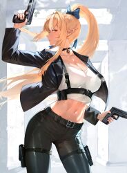 1girl absurdres alternate_costume belt black_belt black_choker black_jacket black_nails black_pants blonde_hair blue_bow bow breasts brown_hair chest_harness choker contrapposto cowboy_shot crop_top dual_wielding elf finger_on_trigger fingernails floating_hair gun hair_bow handgun harness high_ponytail highres holding holding_gun holding_weapon hololive jacket large_breasts long_fingernails long_hair long_pointy_ears long_sleeves looking_at_viewer maro2ki3 midriff nail_polish navel open_clothes open_jacket pants pendant_choker pointy_ears ponytail pouch profile shiranui_flare shirt solo standing thigh_pouch thigh_strap tight_clothes tight_pants very_long_hair virtual_youtuber weapon white_shirt