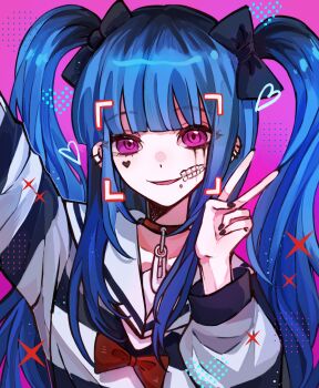 Rule 34 | 1girl, absurdres, amemiya darumi, arm up, black bow, black hair, black nails, black shirt, blue hair, bow, bowtie, chin piercing, chinese commentary, choker, commentary request, earclip, eyes visible through hair, face piercing, facepaint, facial mark, hair bow, hand up, heart, heart facial mark, highres, long hair, long sleeves, looking at viewer, mark under eye, multicolored hair, open mouth, piercing, pink background, pink eyes, qiu tu, red bow, red bowtie, red choker, roots (hair), safety pin, sailor collar, sailor shirt, shirt, smile, solo, sparkle, striped clothes, striped shirt, the hundred line -last defense academy-, twintails, two-tone hair, two-tone shirt, upper body, v, viewfinder, white shirt