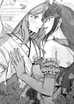 2girls aura blush bride commentary elbow_gloves female_focus flower gloves greyscale hair_flower hair_ornament hood hood_up japanese_clothes kimono kurosawa_dia long_hair love_live! love_live!_sunshine!! monochrome multiple_girls ohara_mari one_eye_covered paperca-ke rose shiromuku sidelocks thighhighs uchikake wife_and_wife yuri