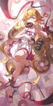1girl absurdres ankle_ribbon blonde_hair breasts chinese_commentary chocolate_donut commentary crossed_bangs dagger donut dress enoharatoki feet food food_in_mouth fork from_above fruit glint hair_between_eyes high_heel_sandals highres holding holding_donut holding_food knife leaf leg_ribbon long_hair looking_at_viewer lying monogatari_(series) mouth_hold on_back oshino_shinobu pastry_box picnic_blanket pointy_ears pon_de_ring red_ribbon ribbon sandals sleeveless sleeveless_dress small_breasts solo strawberry sundress tag toes very_long_hair weapon white_dress wrist_ribbon yellow_eyes
