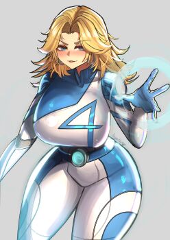 1girl absurdres artist_name belt blonde_hair blue_bodysuit blue_eyes blue_hair blush bodysuit breasts commentary earrings fantastic_four gloves grey_background grin highres jewelry large_breasts lips long_hair marvel marvel_rivals multicolored_bodysuit reyarths seductive_smile simple_background smile solo sue_storm superhero_costume two-tone_bodysuit white_bodysuit