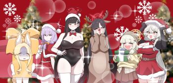 6+girls absurdres animal_costume animal_ear_fluff animal_ears antlers aoba_(blue_archive) atsuko_(blue_archive) belt black_hair blonde_hair blue_archive blurry blurry_background bow bowtie braid breasts brown_belt christmas christmas_present cleavage commentary_request crossed_bangs detached_collar dress eri_(blue_archive) fake_animal_ears fake_antlers fox_ears fox_girl fox_tail gift grey_halo hair_between_eyes hair_ornament hairclip halo hand_on_own_hip hands_on_own_cheeks hands_on_own_face hat highres holding holding_gift horns ichika_(blue_archive) korean_commentary large_breasts leotard long_hair looking_at_viewer low_twintails multiple_girls open_mouth pangtanto purple_hair red_eyes red_halo reindeer_antlers reindeer_costume ringed_eyes rio_(blue_archive) santa_hat seia_(blue_archive) side_braid skirt strapless strapless_leotard sweatdrop sweater tail thighhighs twintails very_long_hair white_hair wrist_cuffs yellow_eyes yellow_halo