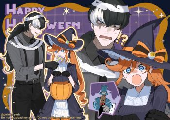 !? 1boy 1girl :o ace_attorney alternate_costume athena_cykes black_hair black_necktie black_pants blue_eyes bow candy collared_shirt dress food gumi_(gelatin) hair_between_eyes halloween_bucket halloween_costume happy_halloween hat hat_bow holding holding_candy holding_food holding_lollipop lollipop long_hair long_sleeves looking_at_another looking_at_viewer mr_hat_(ace_attorney) multicolored_hair necktie orange_hair pants shirt side_ponytail simon_blackquill suspenders sweatdrop swirl_lollipop twitter_username two-tone_hair very_long_hair white_hair witch_hat