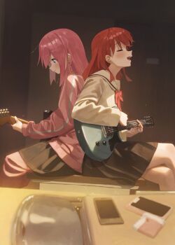 2girls absurdres back-to-back bad_id bad_pixiv_id black_skirt blue_eyes blush bocchi_the_rock! cellphone closed_eyes closed_mouth commentary electric_guitar english_commentary gibson_les_paul gotoh_hitori guitar highres indoors instrument jacket kita_ikuyo long_hair long_sleeves md5_mismatch multiple_girls open_mouth pants pants_under_skirt phone pink_hair pink_jacket pink_pants pleated_skirt red_hair resolution_mismatch school_uniform shirasuke_0822 shuka_high_school_uniform sitting skirt smartphone smile source_larger