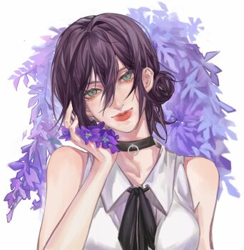 1girl aegyo_sal bare_shoulders black_choker black_hair black_ribbon breasts chainsaw_man chinese_commentary choker closed_mouth collared_shirt commentary_request double-parted_bangs eyelashes floral_background flower green_eyes hair_between_eyes hand_up highres holding holding_flower lips looking_at_viewer medium_breasts neck_ribbon purple_flower red_lips reze_(chainsaw_man) ribbon shirt short_hair sleeveless sleeveless_shirt smile solo thick_lips upper_body white_background white_shirt yaesakura908