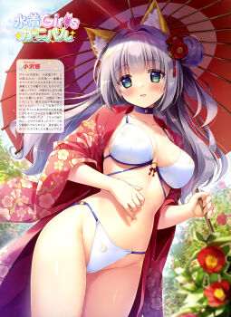 Rule 34 | 1girl, :d, absurdres, animal ear fluff, animal ears, artist name, bikini, blue choker, blue eyes, blush, breasts, breasts apart, choker, collarbone, cowboy shot, dengeki moeoh, flower, from below, green eyes, grey hair, groin, hair bun, hair flower, hair ornament, highres, holding, holding umbrella, japanese clothes, kimono, large breasts, long hair, looking at viewer, magazine scan, multi-strapped bikini top, multicolored eyes, navel, o-ring, o-ring bikini, o-ring bottom, o-ring top, oil-paper umbrella, one side up, open clothes, open kimono, open mouth, original, outdoors, ozawa yuu, print bikini, red flower, red kimono, scan, shiny skin, smile, solo, standing, sunlight, swimsuit, thighs, third-party source, translation request, two-tone eyes, umbrella, white bikini, wispy bangs, yukata
