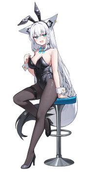 1girl :d absurdres ahoge animal_ear_hairband animal_ear_piercing animal_ears aqua_bow aqua_bowtie aqua_eyes arm_support bare_shoulders black_leotard bow bowtie breasts cleavage commentary covered_navel deaver detached_collar double-parted_bangs fake_animal_ears fox_ears fox_girl fox_tail full_body hair_between_eyes hairband hand_up highleg highleg_leotard highres hololive leotard long_hair looking_at_viewer on_stool open_mouth pantyhose pentagram playboy_bunny rabbit_ear_hairband rabbit_ears revision shirakami_fubuki sidelocks simple_background sitting smile solo strapless strapless_leotard tail traditional_bowtie very_long_hair virtual_youtuber white_background white_hair white_wrist_cuffs wrist_cuffs
