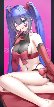 Rule 34 | 1girl, ;q, aqua eyes, aqua hair, bare shoulders, bow, breasts, collarbone, commentary, elbow gloves, eyelashes, facial mark, gloves, hair bow, hatsune miku, heart, heart facial mark, heart in eye, highres, long hair, navel, one eye closed, pink background, red bow, red gloves, sideboob, smile, solo, stomach, symbol in eye, tongue, tongue out, twintails, underwear, underwear only, very long hair, vocaloid, xmxing