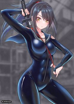 1girl black_bodysuit black_hair bodysuit breasts catsuit commentary_request cowboy_shot fishnets full-length_zipper gloves high_ponytail holding holding_sword holding_weapon i_macoto impossible_bodysuit impossible_clothes katana latex latex_bodysuit long_hair looking_at_viewer navel ninja original partially_fingerless_gloves ponytail sailor_collar scabbard sheath shiny_clothes skin_tight solo standing sword unsheathing weapon weapon_on_back yellow_eyes zipper