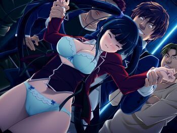 1girl 4boys aqua_bra aqua_panties black_hair blazer blue_bra blue_panties blush bow bow_bra bow_panties bra breasts brown_hair cameltoe cleavage closed_eyes evil_grin evil_smile game_cg grin hetero holding_another&#039;s_wrist imminent_rape jacket kurasawa_anzu large_breasts large_variant_set lingerie long_hair multiple_boys nerawareta_megami_tenshi_angel_tear non-web_source official_art open_clothes open_shirt panties restrained school_uniform shirt smile thighhighs tsukumo_kazuita twintails underwear variant_set