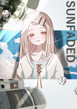 1girl blonde_hair blush camisole cloud collarbone dice gakuen_idolmaster hairband hairclip highres idolmaster maruno_zzz orange_eyes parallel_hairclips shinosawa_hiro sky smile solo speech_bubble tagme translated