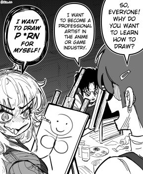 1boy 2girls @_@ artist_name bags_under_eyes breasts canvas_(object) commentary earrings easel english_commentary english_text fang glasses greyscale hair_ornament hairclip highres jewelry large_breasts looking_at_another mimi_(nhim) monochrome multiple_girls nhim opaque_glasses open_mouth original paint_palette partially_shaded_face saliva single_earring skin_fang smiley_face smock stick_figure sweater