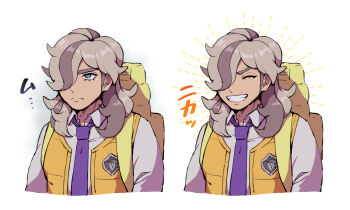 1boy arven_(pokemon) backpack bag brown_hair collared_shirt doshole green_eyes grin hair_over_one_eye long_hair male_focus multicolored_hair multiple_expressions multiple_views necktie nintendo open_clothes open_vest pokemon pokemon_sv purple_necktie school_uniform shirt smile two-tone_hair uva_academy_(emblem) uva_academy_school_uniform vest yellow_bag yellow_vest