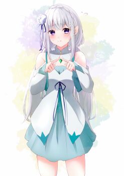 1girl absurdres bare_shoulders blush braid breasts closed_mouth clothing_cutout cowboy_shot crown_braid detached_sleeves dress emilia_(re:zero) flower gem green_gemstone grey_hair hair_flower hair_ornament hair_ribbon highres index_fingers_together long_hair long_sleeves looking_at_viewer pointy_ears purple_eyes purple_ribbon rain_re_a re:zero_kara_hajimeru_isekai_seikatsu ribbon rose short_dress shoulder_cutout smile solo standing sweatdrop very_long_hair white_flower white_hair white_rose x_hair_ornament