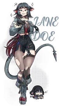 Rule 34 | 1girl, animal ears, black hair, black shorts, boots, brown pantyhose, brown thighhighs, character name, chibi, chibi inset, coat, commentary, commission, ear piercing, english commentary, female focus, fingernails, full body, gradient hair, grey boots, grey coat, high heel boots, high heels, jane doe (zenless zone zero), long hair, mechanical tail, midriff, mouse ears, mouse girl, mouse tail, multicolored hair, nail polish, notice lines, panty &amp; stocking with garterbelt (style), pantyhose, piercing, prehensile tail, red hair, red nails, shorts, single leg pantyhose, single thighhigh, sleeveless, sparkle, tail, thighhighs, torn clothes, torn pantyhose, torn thighhighs, two-tone hair, whispyisadummy60, zenless zone zero