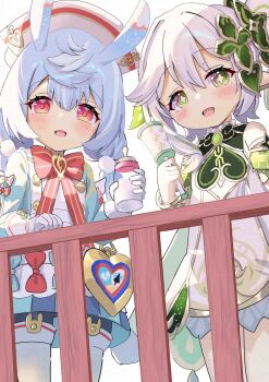 Rule 34 | 2girls, adversarial noise, baby bottle, bare shoulders, blue dress, blue hair, blue shorts, blush, bottle, commentary request, crib, cross-shaped pupils, dress, genshin impact, gloves, green eyes, hair between eyes, hair intakes, hair ornament, highres, holding, holding bottle, holding rattle, long hair, long sleeves, looking at viewer, low twintails, multiple girls, nahida (genshin impact), pointy ears, puffy long sleeves, puffy sleeves, rattle, red eyes, short shorts, short twintails, shorts, shorts under dress, siera (sieracitrus), sigewinne (genshin impact), simple background, symbol-shaped pupils, twintails, white background, white dress, white gloves, white hair, white headwear, white shorts