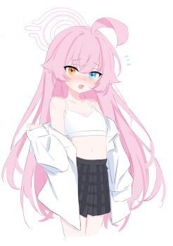 1girl :d absurdres ahoge black_skirt blue_archive blue_eyes blush bra breasts collarbone collared_shirt commentary_request cowboy_shot cropped_legs crossed_bangs dress_shirt fang flying_sweatdrops hair_between_eyes hair_flaps halo heterochromia highres hoshino_(blue_archive) huge_ahoge lmg7811 long_hair looking_at_viewer navel open_clothes open_mouth open_shirt orange_eyes pink_hair pink_halo plaid_clothes plaid_skirt pleated_skirt shirt sidelocks simple_background skirt sleeves_past_wrists small_breasts smile solo stomach underwear undressing very_long_hair white_background white_bra white_shirt