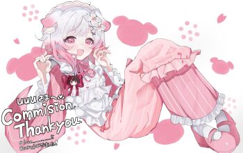 1girl :d alternate_costume animal_ears apron ayu_(love_5) commentary_request commission dog_ears flower frilled_apron frills gradient_hair hair_flower hair_ornament highres japanese_clothes kemonomimi_mode kimono mahou_shoujo_no_majo_saiban maid maid_apron maid_headdress multicolored_hair nikaido_hiro open_mouth pink_eyes pink_hair pink_kimono pink_shoes sakuraba_ema shoes short_hair smile socks solo unconventional_maid white_apron white_flower white_hair white_headdress white_socks