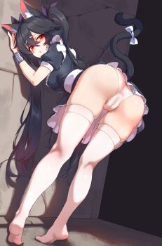 1girl absurdres against_wall animal_ears ass bent_over black_dress black_hair bow breasts cameltoe cat_ears cat_girl cat_tail chinese_commentary commentary_request double-parted_bangs dress full_body hair_between_eyes hair_bow highres hinanawi_mika long_hair looking_at_viewer looking_back medium_breasts no_shoes original panties parted_lips purple_bow raised_inner_eyebrows red_eyes shiny_skin short_dress short_sleeves solo standing sweat tail tail_bow tail_ornament thighhighs trefoil turning_head twintails underwear very_long_hair white_bow white_panties white_thighhighs