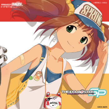 Rule 34 | 1girl, adjusting clothes, adjusting headwear, album cover, annindoufu (oicon), bandaid, bandaid on arm, baseball cap, brown hair, closed mouth, copyright notice, cover, drop shadow, earrings, green eyes, hair ornament, hair scrunchie, hand up, hat, idolmaster, idolmaster (classic), idolmaster sp, jewelry, official art, scrunchie, sideways glance, solo, takatsuki yayoi, tank top, third-party source, triangle earrings, twintails, upper body, white tank top