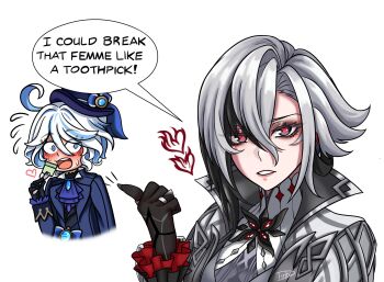 2girls arlecchino_(genshin_impact) back black_eyes black_hair blue_eyes blue_hair blue_hat blue_jacket blush commentary constricted_pupils eating english_commentary english_text eyes_visible_through_hair fork furina_(genshin_impact) genshin_impact grey_hair hair_intakes hat heart highres holding holding_fork jacket multicolored_hair multiple_girls pointing pointing_at_another red_eyes romulproduce signature symbol-shaped_pupils two-tone_hair white_hair x-shaped_pupils