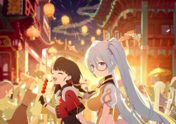 6+girls :d aerial_fireworks black-framed_eyewear black_dress blue_hair blurry blurry_background braid breasts chinese_clothes closed_mouth cropped_jacket dress fireworks food_request game_cg glasses highres holding holding_skewer jacket jinglin_(stella_sora) large_breasts long_hair looking_at_viewer low_twin_braids multiple_girls non-web_source official_art open_mouth outdoors people pink_eyes puffy_short_sleeves puffy_sleeves red_jacket semi-rimless_eyewear shimiao_(stella_sora) short_sleeves shrug_(clothing) skewer smile stella_sora tangzhuang twin_braids twintails twintails_with_braided_base under-rim_eyewear white_shrug