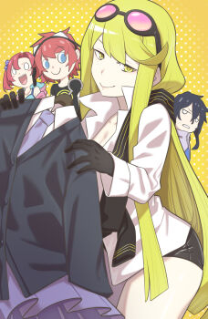 2boys 2girls aiba_takumi black_hair black_jacket black_shorts blonde_hair blue_eyes breasts cleavage collarbone commentary_request cowboy_shot digimon digimon_story:_cyber_sleuth digimon_story:_time_stranger eyewear_on_head highres jacket kuremi_kyouko long_hair multiple_boys multiple_girls purple_skirt red_hair sanada_arata shiramine_nokia shirt shorts simple_background skirt smile taira_(tairamon) white_shirt yellow_background yellow_eyes