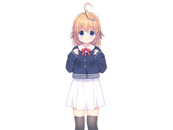 1girl ahoge backpack bag black_thighhighs blonde_hair blue_eyes blue_jacket bow bowtie chishima_mako closed_mouth feet_out_of_frame game_cg hair_ornament hands_up heart heart_hair_ornament jacket large_variant_set long_sleeves looking_at_viewer medium_hair non-web_source piyodera_mucha red_bow red_bowtie school_uniform shirt simple_background smile solo soushisouai_lolita_no_seikatsu standing tachi-e thighhighs transparent_background variant_set white_shirt zettai_ryouiki