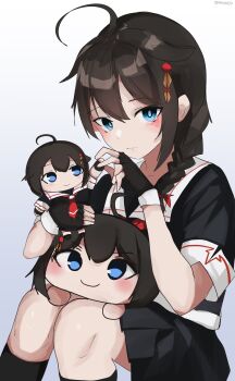 Rule 34 | 3girls, ahoge, black hair, black serafuku, black shirt, black skirt, black socks, blue eyes, braid, chibi, commentary request, feet out of frame, fingerless gloves, gloves, hair flaps, hair over shoulder, highres, kantai collection, long hair, mini person, minigirl, miron (mirona33), multiple girls, pleated skirt, sailor collar, sailor shirt, school uniform, serafuku, shigure (kancolle), shigure kai ni (kancolle), shirt, single braid, skirt, socks, white sailor collar
