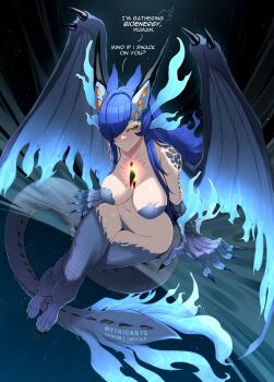 1girl blue_hair breasts claws dragon dragon_girl dragon_horns dragon_wings english_text glowing hair_between_eyes highres horns indie_virtual_youtuber large_breasts long_hair looking_at_viewer monster_girl monster_hunter:_world monster_hunter_(series) myth1carts navel personification spikes star_(sky) tail thighhighs very_long_hair vienna_(vtuber) virtual_youtuber wings xeno'jiiva