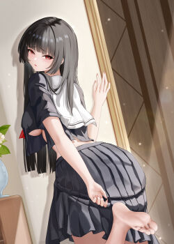 1girl absurdres against_wall barefoot black_hair black_serafuku black_shirt black_skirt blush breasts chinese_commentary chisa_(wuthering_waves) commentary_request crop_top crop_top_overhang fingernails from_behind highres indoors large_breasts leg_up long_hair looking_at_viewer looking_back red_eyes sailor_collar school_uniform serafuku shirobako_srbk shirt skirt solo underboob white_sailor_collar wuthering_waves