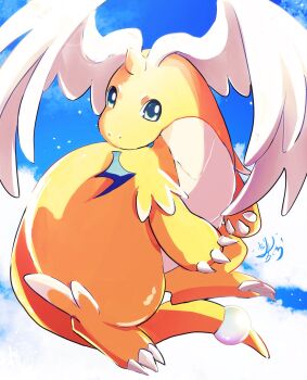 banchiku claws closed_mouth cloud dragonite feathered_wings flying full_body gen_1_pokemon green_eyes head_wings highres horns mega_dragonite mega_pokemon nintendo no_humans pokemon pokemon_(creature) pokemon_focus single_horn sky solo tail wings