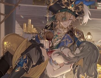 1boy 1girl aventurine_(honkai:_star_rail) black_boots black_jacket black_pants blonde_hair boots breasts censored collared_jacket commentary_request convenient_uncensoring couple cup eyepatch green_headband grey_hair hair_censor hair_over_breasts hat headband hetero highres holding holding_cup honkai:_star_rail honkai_(series) indoors jacket jewelry long_hair looking_at_another meat7955 mermaid mermaid_out_of_environment monster_girl monsterification necklace nipples official_alternate_costume pants pirate_hat pouring_onto_another purple_eyes shirt smirk stelle_(honkai:_star_rail) topless_female trailblazer_(honkai:_star_rail) white_shirt