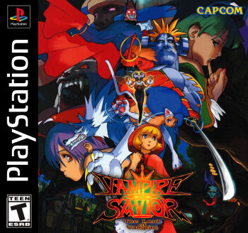 anakaris b.b._hood bare_shoulders basket bengus blonde_hair darkstalkers demitri_maximoff demon_girl fangs felicia_(darkstalkers) finger_to_mouth game_console jon_talbain lilith_(darkstalkers) little_red_riding_hood_(fairy_tale_character) lord_raptor morrigan_aensland official_art playstation purple_hair q-bee red_eyes sasquatch_(darkstalkers) vampire vampire_savior:_the_lord_of_vampire victor_von_gerdenheim werewolf