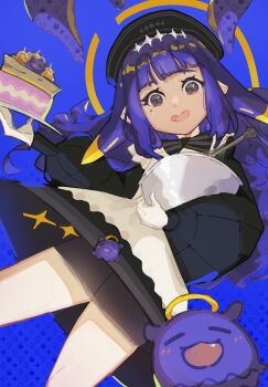 1girl absurdres apron black_dress blue_background blunt_bangs bowl cake cake_slice commentary curly_hair dated_commentary dress food frilled_apron frills gloves gradient_hair hair_flaps halo highres holding holding_bowl holding_plate hololive hololive_english long_hair long_sleeves looking_at_viewer mole mole_under_eye multicolored_hair ninomae_ina'nis ninomae_ina'nis_(pastry_chef) official_alternate_costume official_alternate_hairstyle open_mouth orange_hair pinepizza plate pointy_ears puffy_long_sleeves puffy_sleeves purple_eyes short_dress sidelocks simple_background solo takodachi_(ninomae_ina'nis) tentacle_hair tentacles virtual_youtuber whisk white_apron white_gloves