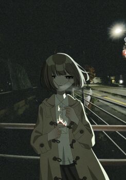 1girl bags_under_eyes bandaid bandaid_on_cheek bandaid_on_face black_skirt brown_coat burning closed_mouth coat film_grain fire highres holding holding_letter holding_matchstick kisaragi4050 lamppost letter matches night open_clothes open_coat original outdoors photo_background road skirt solo toggles