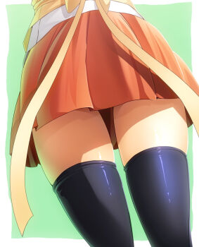 Rule 34 | 1girl, belt, black thighhighs, bow, close-up, female focus, from behind, green background, hokuto (hokuto pk), jewelpet (series), jewelpet twinkle, legs, orange skirt, ribbon, sara (jewelpet), sara (jewelpet twinkle), shiny clothes, skirt, solo, standing, thighhighs, thighs, waist down, zettai ryouiki