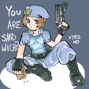 Rule 34 | 1girl, 1her0, belt, black belt, black boots, black gloves, blue eyes, blue hat, blue pants, blue shirt, boots, breasts, brown hair, commentary, english commentary, english text, fingerless gloves, food, food bite, food on face, frown, full body, gloves, gun, hand up, handgun, hat, holding, holding food, holding gun, holding sandwich, holding weapon, jill valentine, lettuce, looking at viewer, multiple belts, pants, pants tucked in, police, police uniform, resident evil, resident evil 1, sandwich, shirt, short hair, short sleeves, shoulder pads, sitting, solo, v-shaped eyebrows, weapon