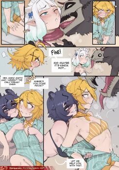 1boy 3girls arbuz_budesh black_bra black_fur black_hair blonde_hair blue_eyes blush bra breasts closed_mouth commentary dokibird embarrassed english_commentary english_text green_eyes green_hair green_shirt highres indie_virtual_youtuber large_breasts licking licking_another&#039;s_face looking_at_another mint_fantome monster monster_boy multicolored_hair multiple_girls open_mouth orange_shorts paid_reward_available shirt shorts snuffy_(vtuber) striped_bra striped_clothes talking underwear wendigo white_hair yellow_bra