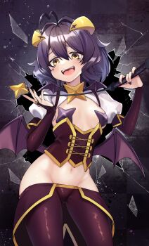 1girl absurdres antenna_hair bat_brooch black_hair black_nails blush breasts bridal_gauntlets broken_glass brooch corset cross cross-shaped_pupils cross_facial_mark cross_pasties drooling facial_mark fangs forward-facing_horns glass glass_shards groin hair_between_eyes hair_intakes highres hiiragi_utena holding holding_riding_crop horns jewelry lowleg lowleg_pants magia_baiser mahou_shoujo_ni_akogarete medium_hair nail_polish navel open_mouth pants pasties purple_corset purple_pants riding_crop shattered shinkai_kokoa shrug_(clothing) small_breasts solo standing star_(symbol) star_pasties symbol-shaped_pupils white_shrug yellow_eyes yellow_horns