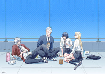 2boys 2girls anger_vein azuma_xoxo_9 black_socks blonde_hair blue_sweater collared_shirt commentary_request dante_(devil_may_cry) devil_may_cry_(series) eating food lady_(devil_may_cry) long_hair multiple_boys multiple_girls necktie pleated_skirt school_rooftop school_uniform shirt sitting skirt socks striped_clothes striped_necktie sweater trish_(devil_may_cry) vergil_(devil_may_cry) white_hair white_shirt