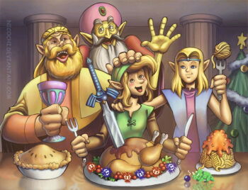 1girl 3boys beard black_eyes blade blonde_hair blue_eyes blush brown_eyes christmas dodongo eating facial_hair food fork game_sprite grey_hair gwonam king_harkinian knife link link:_the_faces_of_evil master_sword multiple_boys nicochi nintendo octorok pasta pie pointy_ears princess_zelda shirt smile spaghetti sword teeth the_legend_of_zelda the_legend_of_zelda_(cd-i) vest waving weapon zelda:_the_wand_of_gamelon