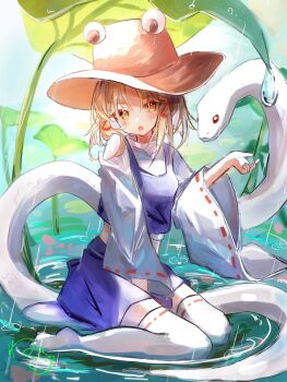 Rule 34 | 1girl, blonde hair, blush, breasts, brown hat, commentary, hair ribbon, hat, highres, long sleeves, looking at viewer, mishaguji, moriya suwako, nekoneko 1225, purple skirt, purple vest, rain, red ribbon, ribbon, ribbon-trimmed sleeves, ribbon-trimmed thighhighs, ribbon trim, ripples, signature, sitting, skirt, skirt set, small breasts, snake, thighhighs, touhou, tress ribbon, vest, wariza, water, white snake, white thighhighs, wide sleeves, yellow eyes