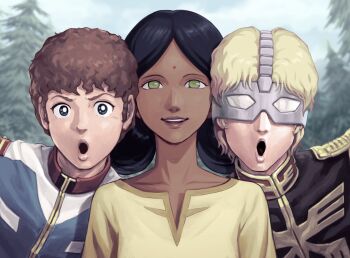 1girl 2boys :o amuro_ray black_hair black_jacket blonde_hair blue_eyes blue_hair bright_pupils char_aznable cloud collarbone commentary_request double_bun facial_mark forehead_mark green_eyes gundam hair_bun highres jacket lalah_sune looking_at_viewer mask mobile_suit_gundam multiple_boys no_pupils open_mouth parody parted_hair parted_lips sakkan sky smile straight-on swing_out_sister_(band) tree v-shaped_eyebrows white_pupils